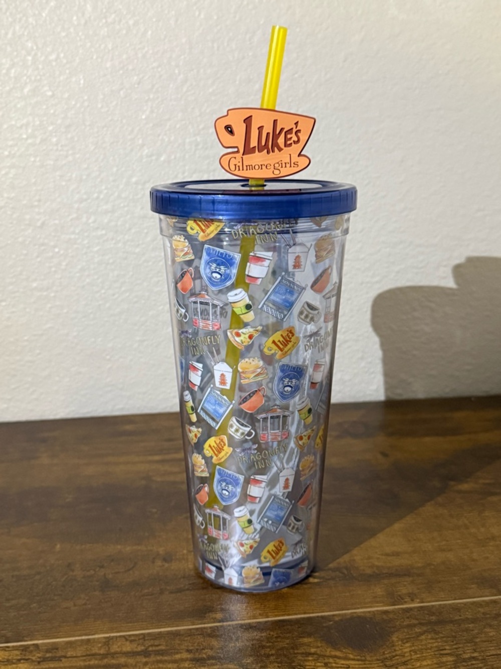 Luke's Diner Gilmore Girls Logo Tumbler - Blue Lid, Yellow Straw & Topper- NEW